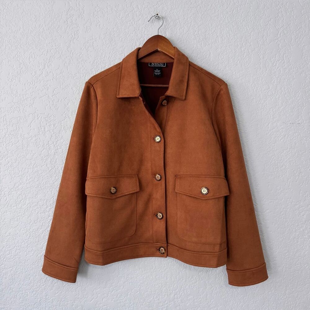 nycc brown faux suede button up long sleeve jacket size x-large